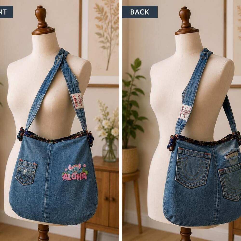 Handmade Denim Crossbody Bag Stitch Aloha Floral Embroidery